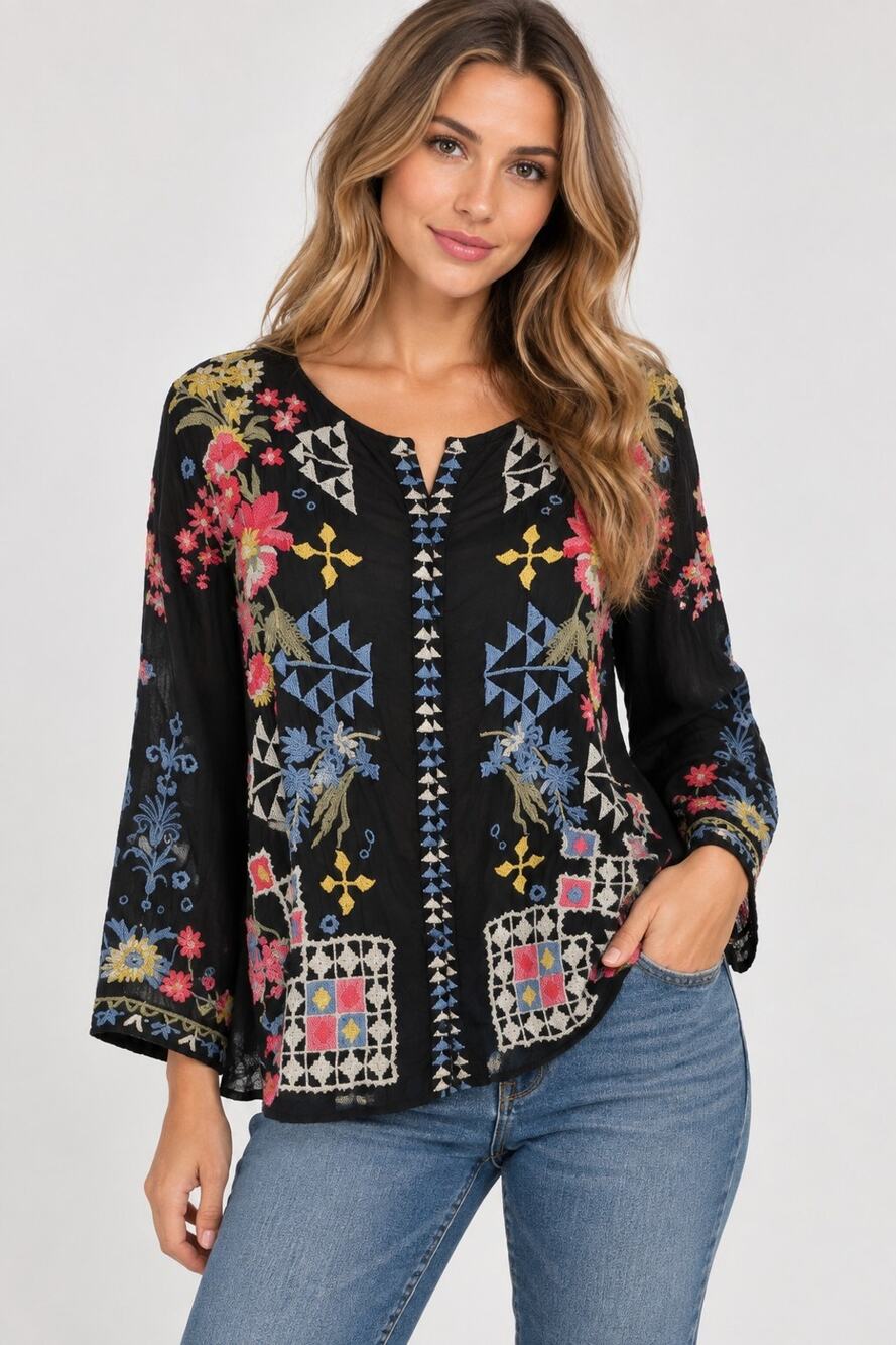 Johnny Was Black Pink Floral Embroidered Long Sleeve Top Small